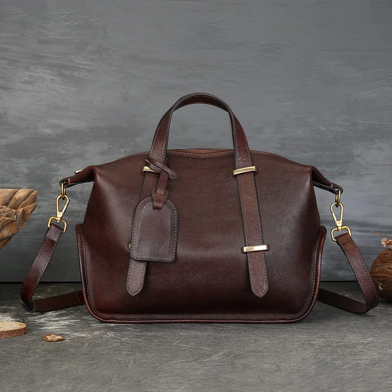 Johnature Vintage Solid Color Genuine Leather Handbag 2025 New Large Capacity Boston Women's Bag Casual Shoulder Bags