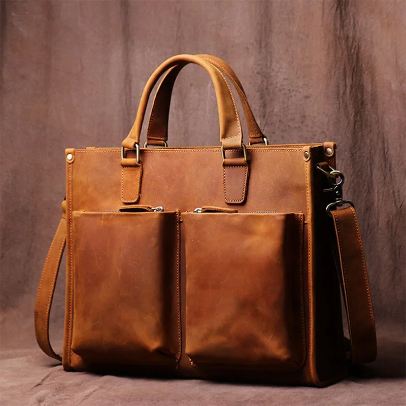 Vintage Man Handbag Briefcase Men Shoulder Crazy Horse Genuine Leather Bags Brown Business Fashion 16 Inch Laptop Bag