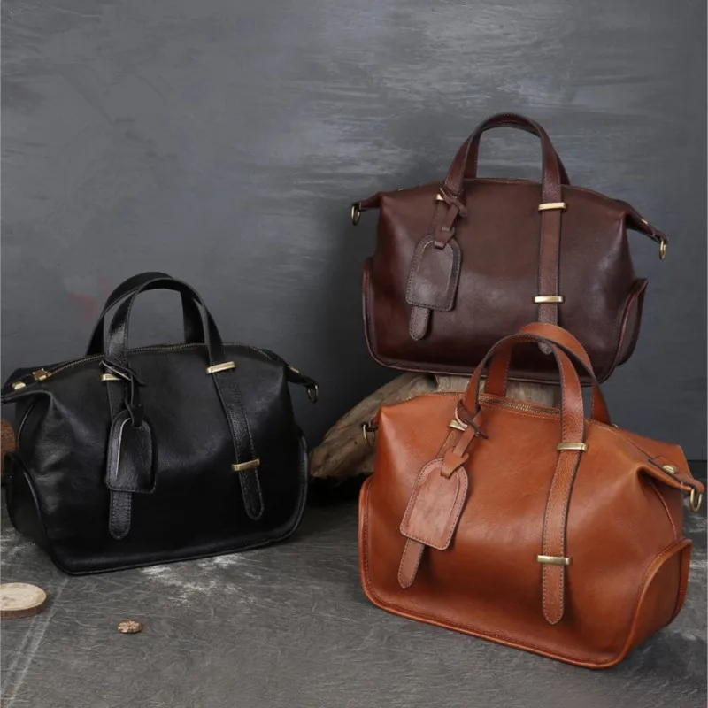 Johnature Vintage Solid Color Genuine Leather Handbag 2025 New Large Capacity Boston Women's Bag Casual Shoulder Bags